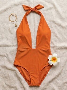 NWT aerie Tie Halter Plunge Neck Orange Size Medium One Piece Swimsuit Womens